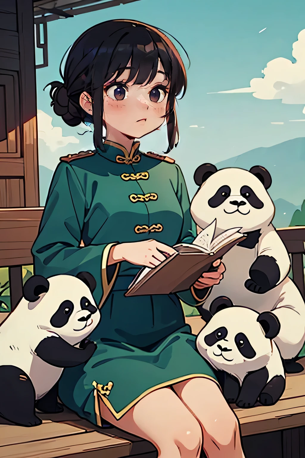 Chinese girl in Mao Zedong clothes, cute. With one panda, That&#39;s Zedon.&#39;s flag