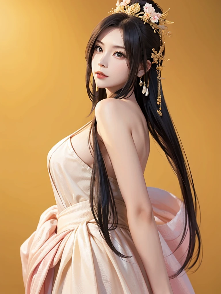 ancient chinese princess ， A girl wearing Hanfu, visual audience，, beautiful girl、Delicate body,exquisite eyes, Big 、Long hair,、Hair accessories Han Dynasty、Eternal,whole body、Lower Body，Three Kingdoms， (solid color background, wall background, simple background), Smoky environment, Adds a touch of mystery and drama to the scene. Soft and even lighting, Casts soft shadows, Create an atmosphere of seriousness and focus.