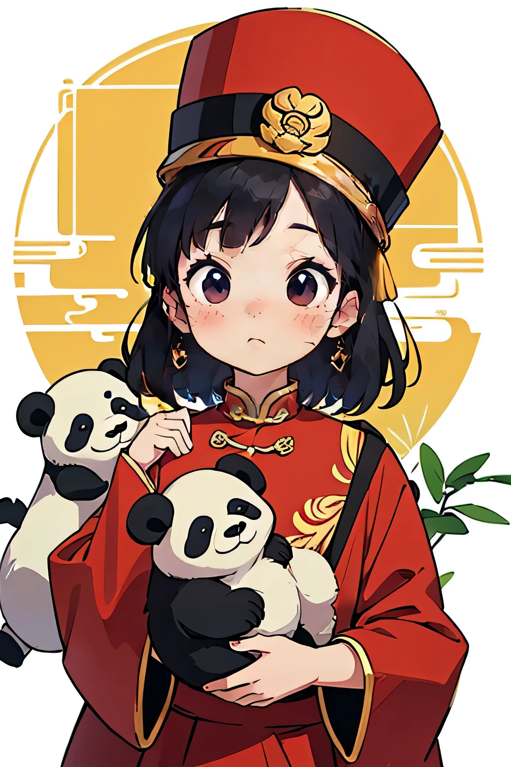 Best Quality, Anime style masterpiece,Chinese girl in Mao Zedong clothes, cute. With one panda, That&#39;s Zedon.&#39;s flag