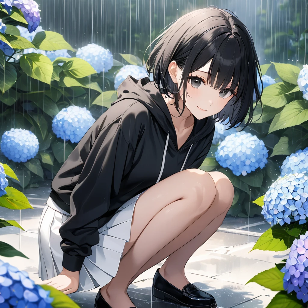 anime、((Amazingly absurd)),(masterpiece:1.2),超High resolution, Attention to detail, high quality, High resolution, 最high quality, 4K, 8k、Crouching woman,I have hydrangeas,Proper Blur,Emphasise the female,despair,Black Eyes,View hydrangeas,Sparkling eye highlights,Calm,smile,Black Hair,Short Hair,Black hoodie,White mini skirt,Cloudy,Partly sunny,Rain even when it&#39;s sunny,Sadness,Best scene,Illuminated from above,Front angle