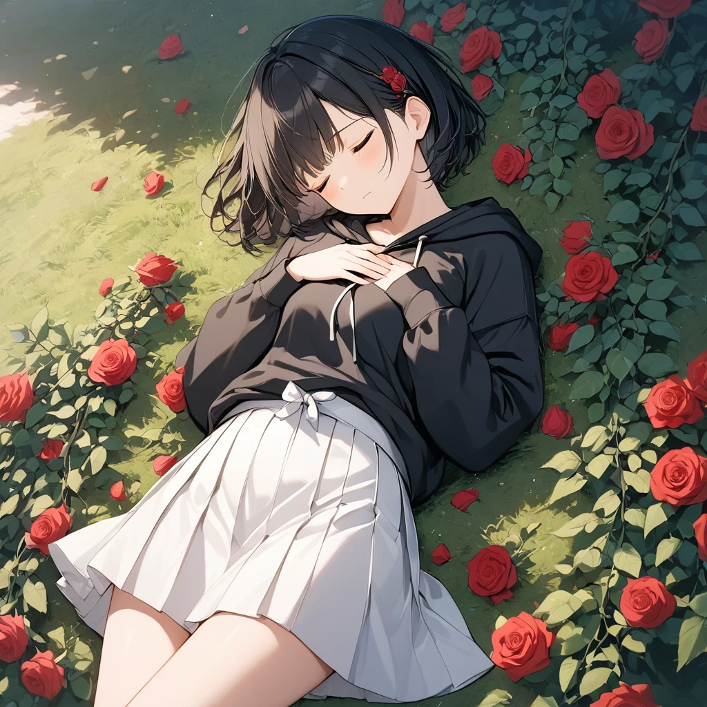 anime、((Amazingly absurd)),(masterpiece:1.2),超High resolution, Attention to detail, high quality, High resolution, 最high quality, 4K, 8k、One woman,Hands on chest,The woman is sleeping,Eyes closed,Straight face,Black Hair,Short Hair,Black hoodie,White mini skirt,Proper Blur,Rose Vine,Tied up,Gorgeous,Emphasise the female,Simple Background,Sad,Best scene,Front angle