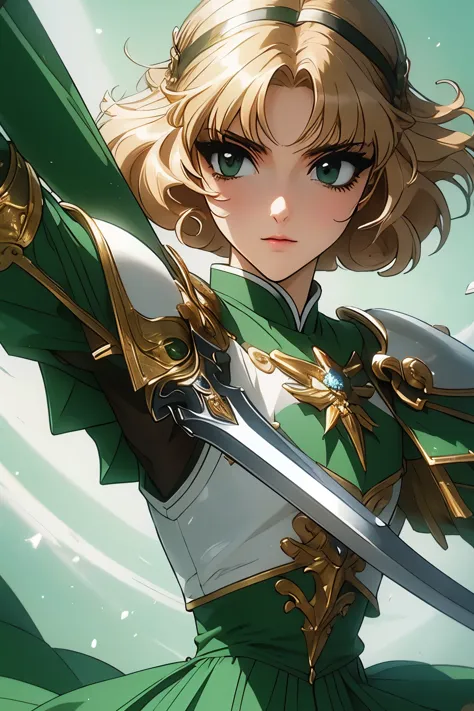 fu-houji、blonde、bobcut、magic knightレイアース"、magic knight、green sailor suit、green-silver breastplate、white shoulder pad、white gaunt...