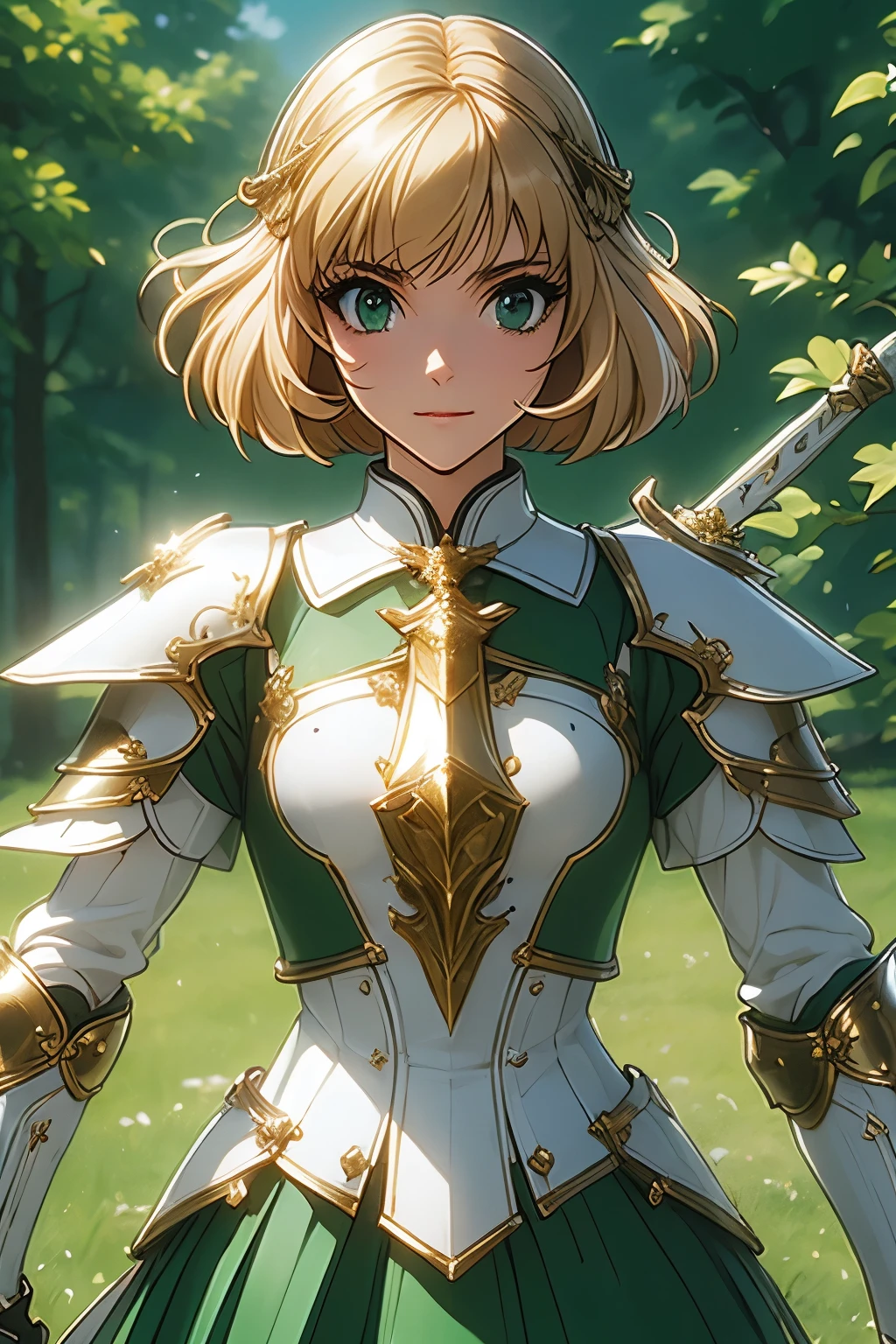 Fu-Houji、blonde、Bobcut、magic knightレイアース"、magic knight、Green Sailor Suit、Green-silver breastplate、White shoulder pad、White Gauntlets、Long sword、（（（ＳＦＷ、sound、Highest quality、A first-class masterpiece、Normal body、8k、Detailed face、Ultra-precision、Normal hand、通常のrefer to、５refer to、Highest）））