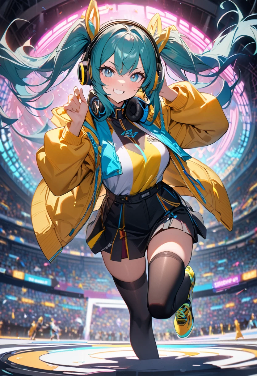 1woman, long teal hair, twin-tails, braided hair, big teal eyes, yellow cropped jacket,one hands up, black thigh-high stocking, energetic dance pose, glowing lights, swirling golden ribbons,headphones,Smiling at viewer,Wink, spotlight stage,crowded, stadium, determined energetic expression, vivid,vibrant colors,full body ,gloss,XLC,(abstract:0.5),deph of field, masterpieces,best quality