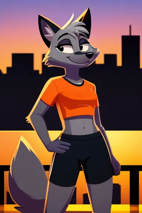 Little Silver Fox, anthropomorphic, Fur, furry, smiling with confidence, Orange cropped t-shirt, Black exercise shorts, With a city background at sunset, Made in a cool animated style.