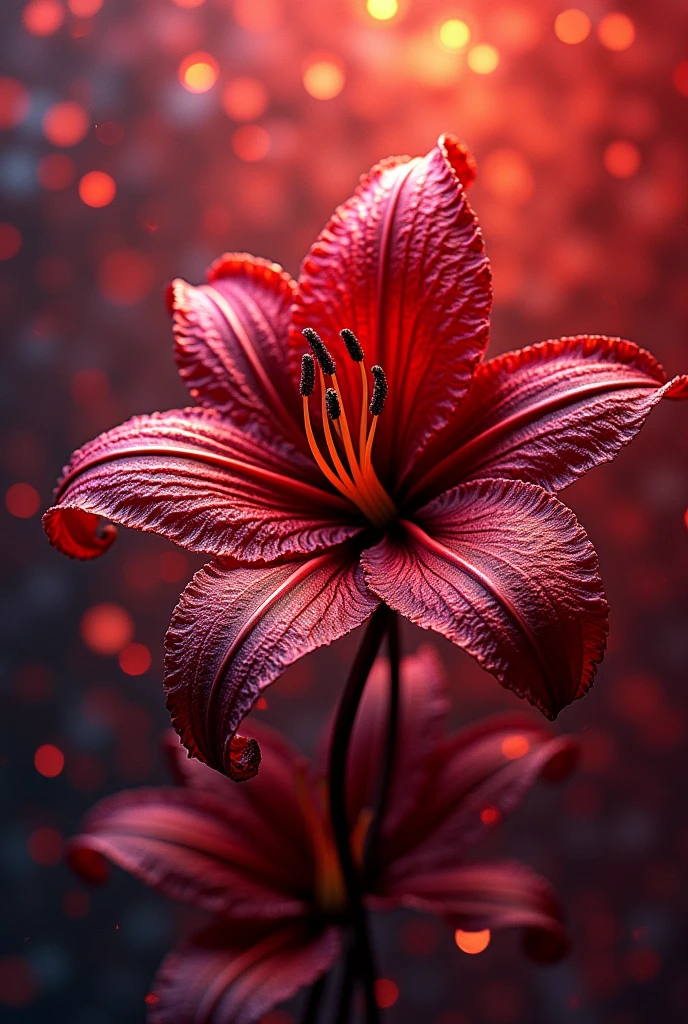 crimson lily, background seamless low bit mosaic, spiral random change iridescent color