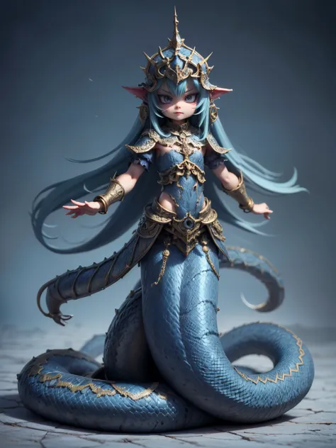 (Superflat, Flat Shading),Lamia Queen\(cute,kawaii,small kid,Geeky feel,blue Scales,Arrogant and sharp gaze,Intimidating posture,Blue pattern on the scales,long fluffy blue hair,blue Chain Mail,bracelet,Taking an arrogant stance on the royal throne,evil smile,Barbaric style,very cute,dynamic pose,snake eyes\), BREAK ,Dark fantasy,dynamic wide view,full body,High angle,quality\(8k,wallpaper of extremely detailed CG unit, ​masterpiece,hight resolution,top-quality,top-quality real texture skin,hyper realisitic,increase the resolution,RAW photos,best qualtiy,highly detailed,the wallpaper,cinematic lighting,ray trace,golden ratio,\),dynamic angle