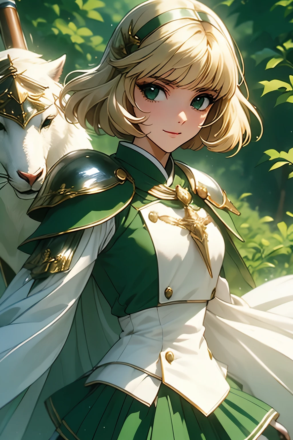 Fu-Houji、blonde、Bobcut、magic knightレイアース"、magic knight、Green Sailor Suit、Green mini skirt、Green and white cloak、Green-silver breastplate、White shoulder pad、White Gauntlets、Long sword、A soft smile、（（（ＳＦＷ、sound、Highest quality、A first-class masterpiece、Normal body、8k、Detailed face、Ultra-precision、Normal hand、通常のrefer to、５refer to、Highest）））、whole body