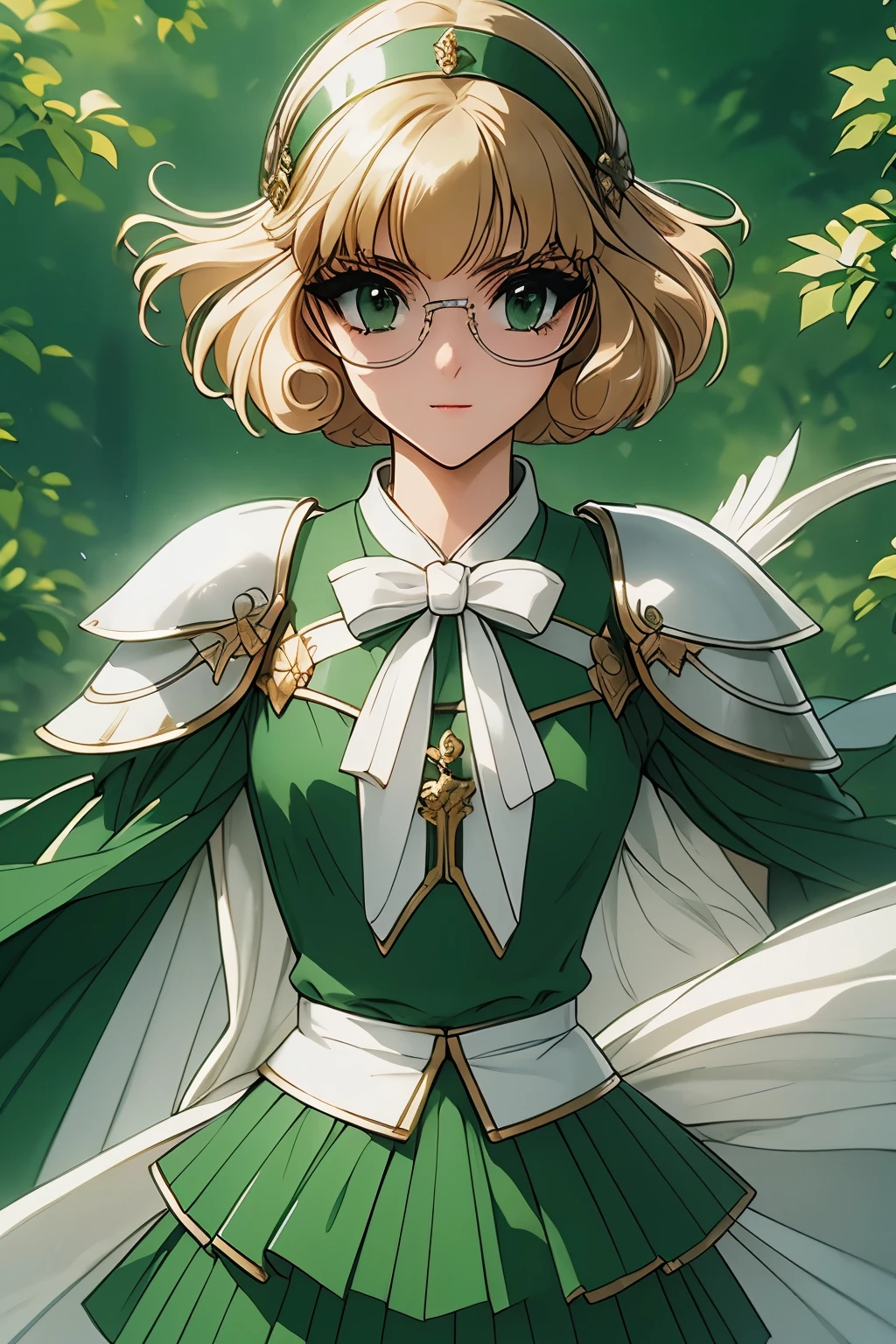 Fu-Houji、blonde、Bobcut、magic knightレイアース"、magic knight、Green Sailor Suit、Green mini skirt、Green and white cloak、Green-silver breastplate、White shoulder pad、White Gauntlets、Long sword、A soft smile、（（（ＳＦＷ、sound、Highest quality、A first-class masterpiece、Normal body、8k、Detailed face、Ultra-precision、Normal hand、通常のrefer to、５refer to、Highest）））、whole body