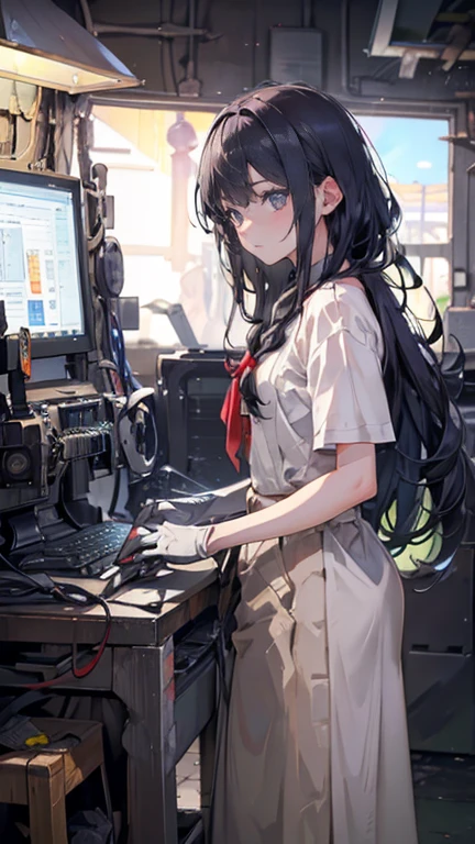 (Mechanical Engineering Student,Teenage Girls, Soft lips, Glowing Skin, Braided Hair, Soft Skin:1.25, Hair Ribbon, Concentrated expression,Long gloves:1.25,(8k, Best Quality, masterpiece:1.2, Highly detailed, Very detailed), Vibrant colors, Line art,Machine being disassembled,Long-distance photo,Operating a computer