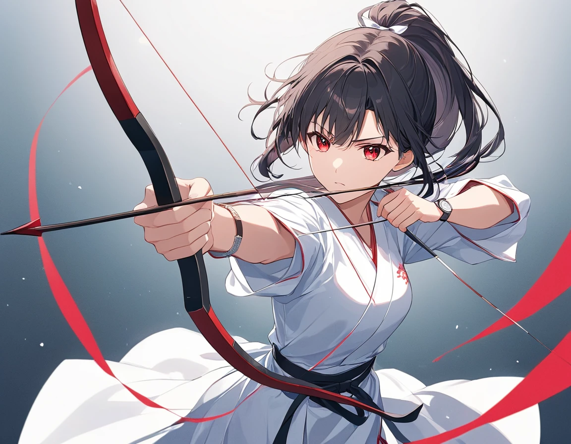 Anime Style,One woman,Kyudo Club,Drawing a bow,Long Bow and Arrow,Take aim,concentrated,Black Hair,ponytail,Red eyes,Shining Eyes,Shining Eyesのハイライト,White Robe Like a Ruby,Black Belt,Has a bow,Draw the bow,Expressing despair Emphasizing women,Blur the background,Side Angle Masterpiece,Best Quality,Exquisite,8k,Absurd,Ultra-detailed illustrations,(Watch the audience)