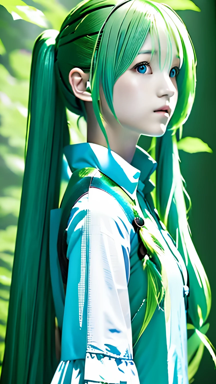 live-action、Real、RAW Photos、Blue green hair,dual horsetail,Adorable,Small eyes、Depression,Twin tails、Hatsune Miku、Official Art，Upper Body、profile、Unity 8K Wallpaper，Blue Green Background、Very detailed，aesthetics，masterpiece，Best Quality，Realistic,Photo level、Best Quality、Best image quality、masterpiece、