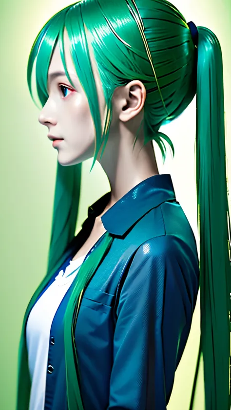 live-action、real、raw photos、blue green hair,dual horsetail,adorable,small eyes、depression,twin tails、hatsune miku、official art，u...