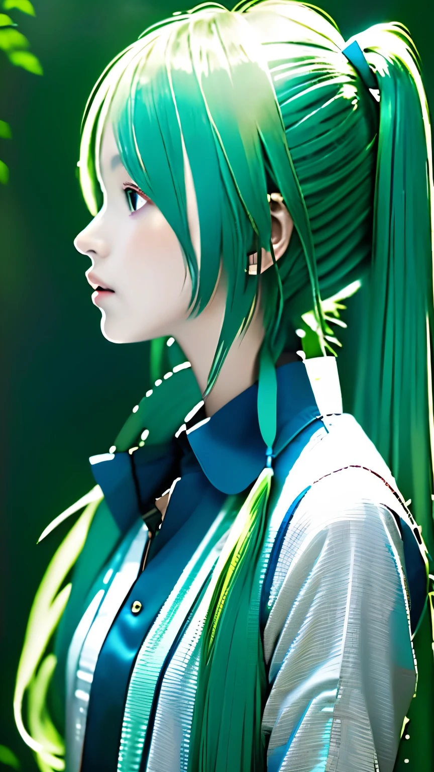 live-action、Real、RAW Photos、Blue green hair,dual horsetail,Adorable,Small eyes、Twin tails、Hatsune Miku、Official Art，Upper Body、profile、Unity 8K Wallpaper，Blue Green Background、Very detailed，aesthetics，masterpiece，Best Quality，Realistic,Photo level、Best Quality、Best image quality、masterpiece、