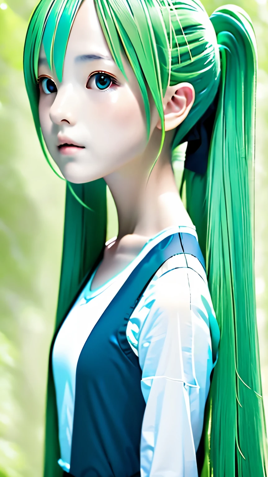 live-action、Real、RAW Photos、Blue green hair,dual horsetail,Adorable,Small eyes、Twin tails、Hatsune Miku、Official Art，Upper Body、profile、Unity 8K Wallpaper，Blue Green Background、Very detailed，aesthetics，masterpiece，Best Quality，Realistic,Photo level、Best Quality、Best image quality、masterpiece、