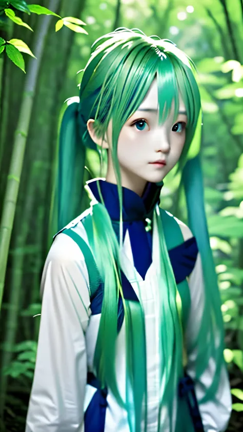 live-action、real、raw photos、blue green hair,dual horsetail,adorable,small eyes、depression,twin tails、hatsune miku、official art，u...