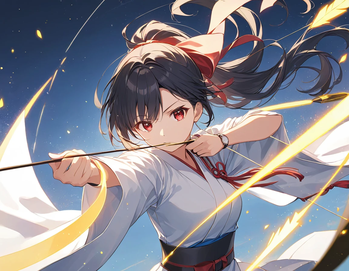 Anime Style,One woman,Kyudo Club,Drawing a bow,Long Bow and Arrow,Take aim,concentrated,Black Hair,ponytail,Red eyes,Shining Eyes,Shining Eyesのハイライト,White Robe Like a Ruby,Black Belt,Has a bow and arrow,Pull,矢に光がconcentrated,Light Powder,Mysterious,Expressing hope,Yellow glowing arrow Emphasizing women,Blur the background,Side angle masterpiece,Best Quality,Exquisite,8k,Absurd,Ultra-detailed illustrations,(Watch the audience)