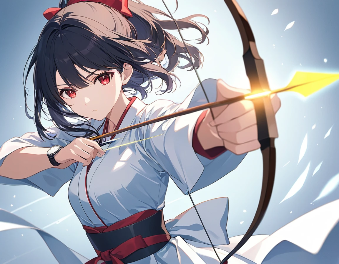 Anime Style,Has a bow1人の女性,Kyudo Club,The woman is drawing a bow,Long Bow and Arrow,Take aim,concentrated,Black Hair,ponytail,Red eyes,Shining Eyes,Shining Eyesのハイライト,White Robe Like a Ruby,Black Belt,Has a bow,Draw the bow,矢に光がconcentrated,Light Powder,Mysterious,Expressing hope,Yellow glowing arrow Emphasizing women,Blur the background,Side angle masterpiece,Best Quality,Exquisite,8k,Absurd,Ultra-detailed illustrations,(Watch the audience)