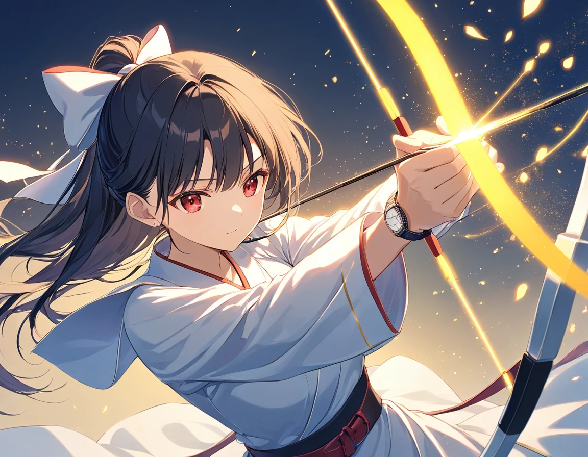 Anime Style,Has a bow1人の女性,Kyudo Club,The woman is drawing a bow,Long Bow and Arrow,Take aim,concentrated,Black Hair,ponytail,Red eyes,Shining Eyes,Shining Eyesのハイライト,White Robe Like a Ruby,Black Belt,Has a bow,Draw the bow,矢に光がconcentrated,Light Powder,Mysterious,Expressing hope,Yellow glowing arrow Emphasizing women,Blur the background,Side angle masterpiece,Best Quality,Exquisite,8k,Absurd,Ultra-detailed illustrations,(Watch the audience)