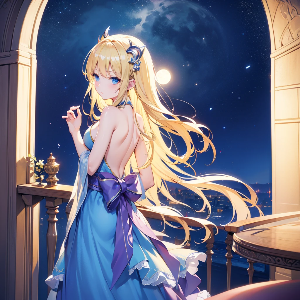 Blonde woman in a blue dress, Beautiful fantasy maiden, Detailed fantasy art, Beautiful fantasy art, Blonde Princess, artgerm is on artstation and pixiv, Beautiful maiden, ((Beautiful fantasy empress)), 2. 5D CGI Anime Fantasy Artwork, Fantasy art style, Detailed digital anime art, Fantasy style art、Best Quality, Night view、Stay on the balcony、Watching the moon、full moon、Anxious expression、Put your hands on the handrail、Rear view、Backless dress