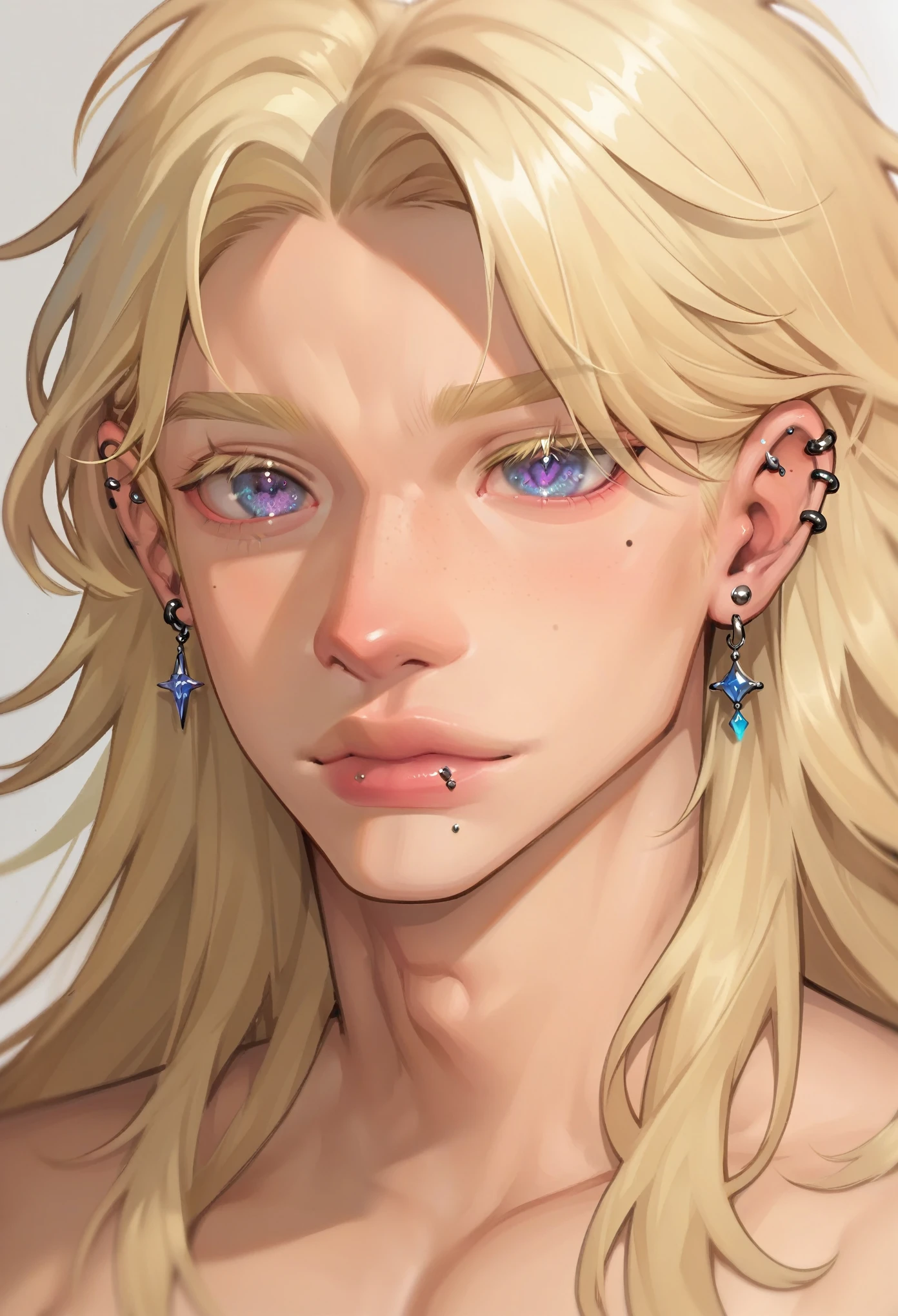 focus on bust and face, boy, long hair, piercings , blonde hair, lilac eyes 