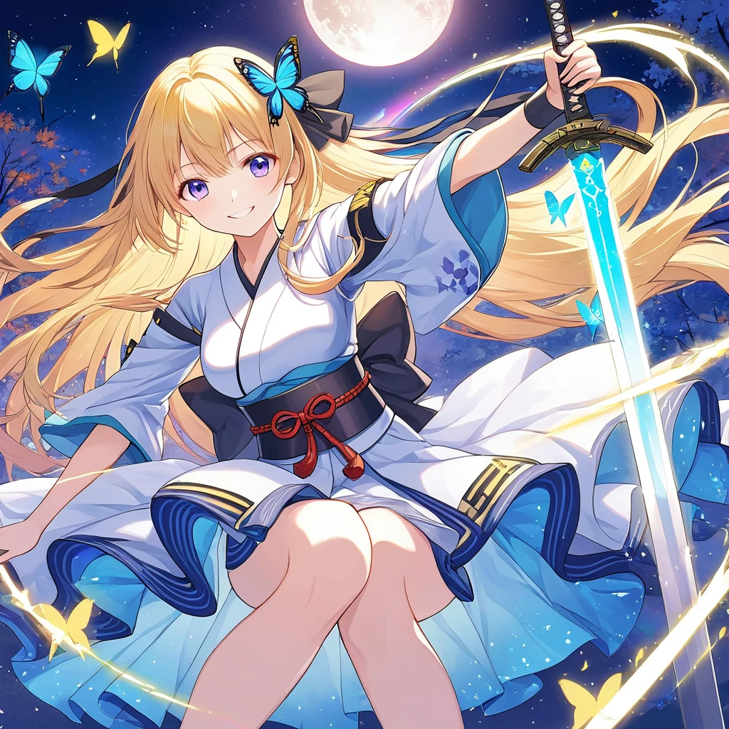 ((High resolution　Yellow Hair　Long Hair　Goddess of Victory　One person　Lonely　smile))　((Blue Butterfly　night　Japanese Style　old　Shining Aura　rainbow))　(dance　Blade of Light　Shining Holy Sword　Swing Down　Slashing)　moon　star　Draw your sword　Slashing　Catching the Wind　autumn