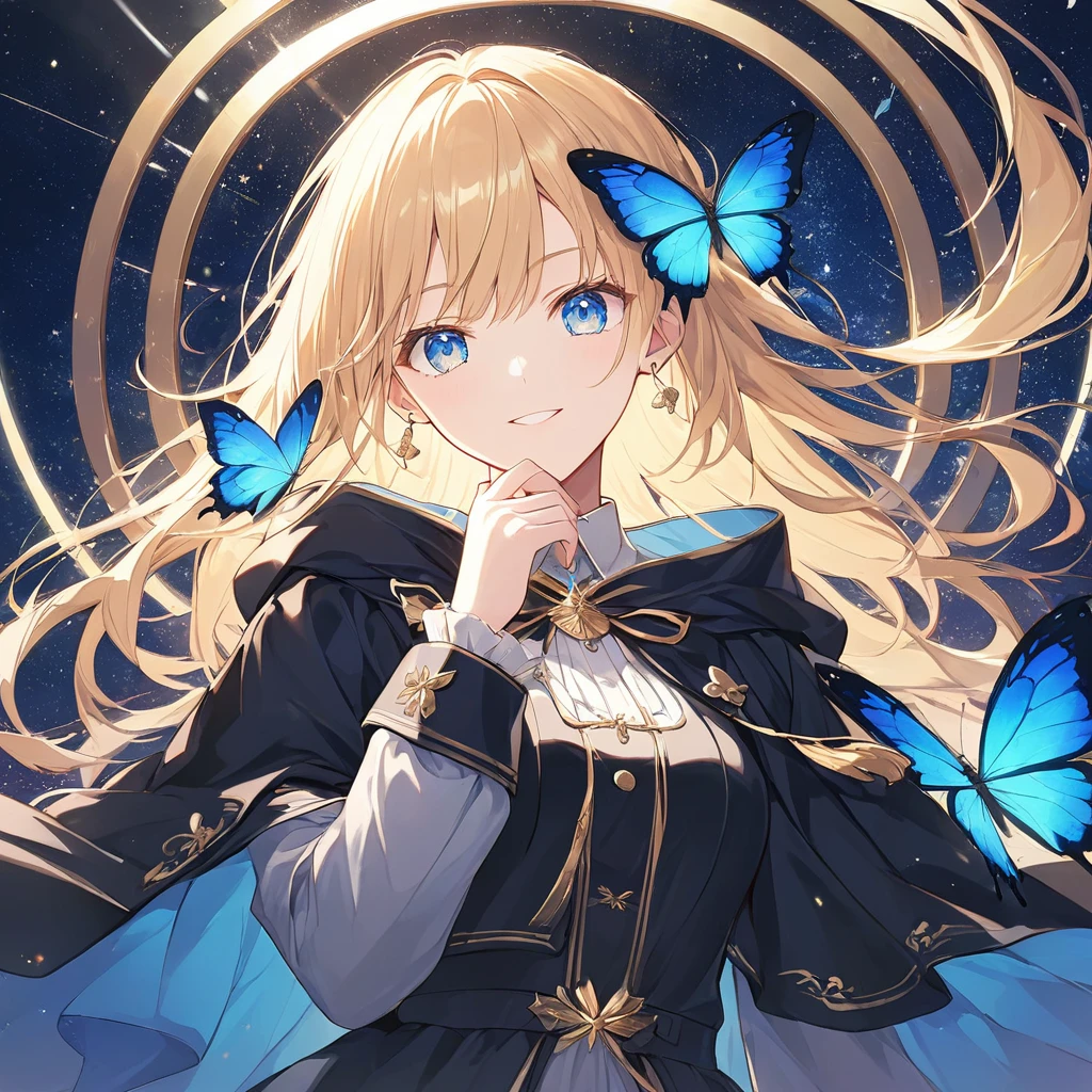 Anime Style,A woman with a sword,Yellow Hair,Long Hair,Blowing in the Wind,blue eyes,Shining Eyes,Shining Eyesのハイライト 白いドレスの衣装,Wear a black cloak,Blue butterfly fluttering,Aristocratic atmosphere,The sword shines yellow,Very dazzling,Illuminating the World,Smug face Emphasizing women,The background is space,Low Angle Masterpiece,Best Quality,Exquisite,8k,Absurd,Ultra-detailed illustrations,(Watch the audience)