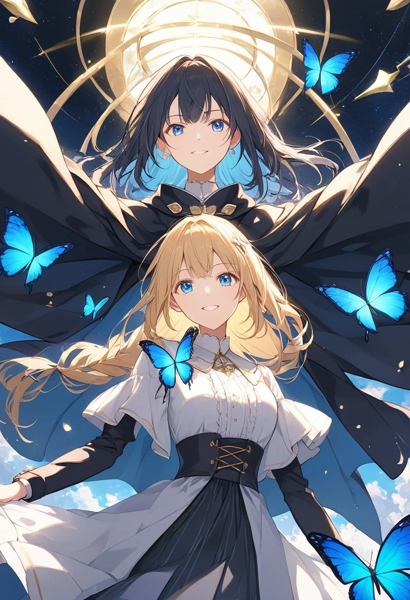 Anime Style,A woman with a sword,The woman holds a sword in front of her body.,The sword shines yellow,Very dazzling,Yellow Hair,Long Hair,Blowing in the Wind,blue eyes,Shining Eyes,Shining Eyesのハイライト ドレスの衣装,Wear a black cloak,Blue butterfly fluttering,Aristocratic atmosphere,Illuminating the World,Smug face Emphasizing women,The background is space,Low Angle Masterpiece,Best Quality,Exquisite,8k,Absurd,Ultra-detailed illustrations,(Watch the audience)