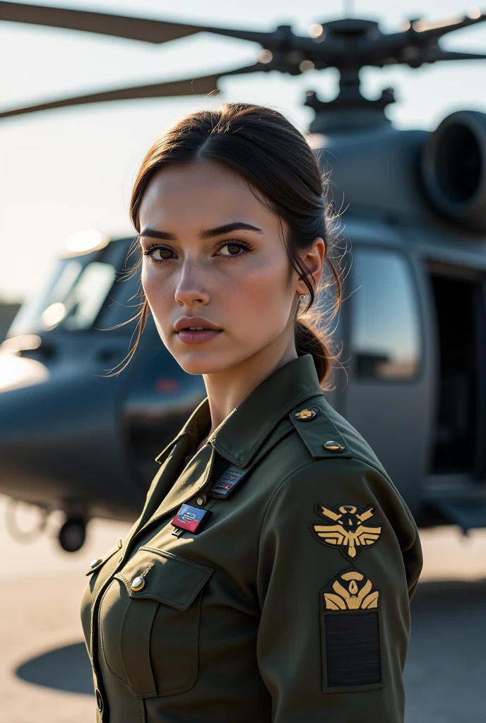 a photo of a beautiful woman, Female soldier standing in front of military helicopter