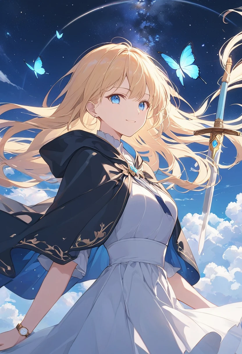 Anime Style,A woman with a sword,The woman holds a sword in front of her body.,The sword shines yellow,Very dazzling,Yellow Hair,Long Hair,Blowing in the Wind,blue eyes,Shining Eyes,Shining Eyesのハイライト ドレスの衣装,Wear a black cloak,Blue butterfly fluttering,Aristocratic atmosphere,Illuminating the World,Smug face Emphasizing women,The background is space,Low Angle Masterpiece,Best Quality,Exquisite,8k,Absurd,Ultra-detailed illustrations,(Watch the audience)