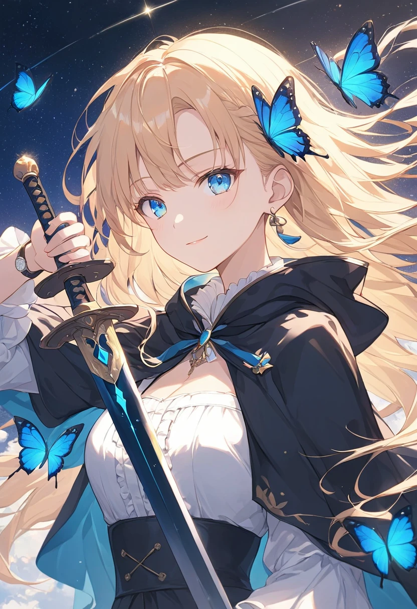 Anime Style,A woman with a sword,The woman holds a sword in front of her body.,Yellow Hair,Long Hair,Blowing in the Wind,blue eyes,Shining Eyes,Shining Eyesのハイライト ドレスの衣装,Wear a black cloak,Blue butterfly fluttering,Aristocratic atmosphere,A dazzling sword illuminates the world,Smug face Emphasizing women,The background is space,Low Angle Masterpiece,Best Quality,Exquisite,8k,Absurd,Ultra-detailed illustrations,(Watch the audience)