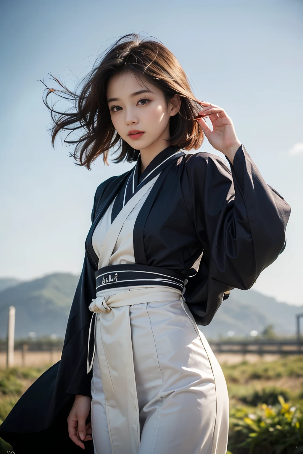 (Feel the wind pose:1.3, Hair blowing in the wind:1.5), (beautiful girl, Baby Face:1.6, Cute face, Idol Face:1.2), (Small and slender figure), (Slender body line), (((Mysterious and divine々Ishi costume:1.3))), (Girl&#39;s smooth body:1.2), Delicate beautiful skin, Small beautiful butt, Narrow waist, Thin thighs, (Highest quality, 16k, masterpiece:1.2), ((Frontal portrait:1.3)), ((Medium breast)), ((Girl standing on the prairie)), (Detailed eyes and face:1.3), (Detailed hands:1.2, Little girl&#39;s small hand:1.2), ((Fantastic Background)), (Perfect Anatomy), Ultra-detailed, (Idol Smile:1.3, blush:1.2), (View the viewer:1.3),The belly button and the surrounding area are exposed,The shoulders are exposed,Colorful images,Maximum number of pixels,Real photo,Artistic photography,Beautiful background,Beautiful pose,Slim figure,A beautiful girl with a proactive approach to life,Naturally beautiful girl,The arms are exposed,Ultra mini skirt,Pale pink panties, vivid colors,Colorful images,Maximum number of pixels,Real photo,((Pale pink underwear)),((Thin string underwear)),((Thin cotton underwear)),((Thin thighs)),((Thin legs)),Anatomically correct, accurate, Best Quality, far and near method,High resolution, Background blue sky with many clouds,1 woman,long black straight hair,(High Top Fade:1.3),(([pale blue eyes)),Dark Theme,Calm tone, Calm colors,High Contrast,(Natural skin texture,Hyperrealism,Soft Light, sharp)smile,Black innerwear,((Flat Chest)),The shoulders are exposed,The belly button and the surrounding area are exposed,A beautiful girl,((Being thin)),((Small Ass)),((Small waist)),((Narrow waist)),((Thin legs)),((Thin thighsと脚)),((Flat Chest)),The shoulders are exposed,The belly button and the surrounding area are exposed,A beautiful girl,((Being thin)),((Small Ass)),((Small waist)),((Narrow waist)),((A beautiful girl of unparalleled beauty)),High resolution,Long black hair,Background blur, Background blue sky with many clouds,1 woman,long black straight hair,(Hig