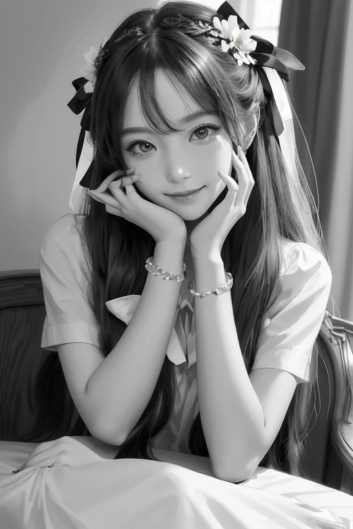 masterpiece, best quality, 1girl, solo, long_hair, looking_at_viewer, smile, dress, ribbon, jewelry, very_long_hair, hair_ribbon, flower, bracelet, two_side_up, hand_on_own_face, head_rest, hand_on_own_cheek, lineart, monochrome, 