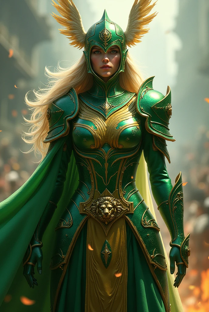 Amidst the chaos of battle, the female paladin emerged like a beacon of light. Her emerald-green armor, engraved with symbols of nature and protection, sparkled with each movement. A golden tabard hung over her chest, emblazoned with a fierce lion emblem that symbolized courage. Her helm, adorned with feathered wings, framed a pair of intense, determined eyes that shone with unwavering resolve.