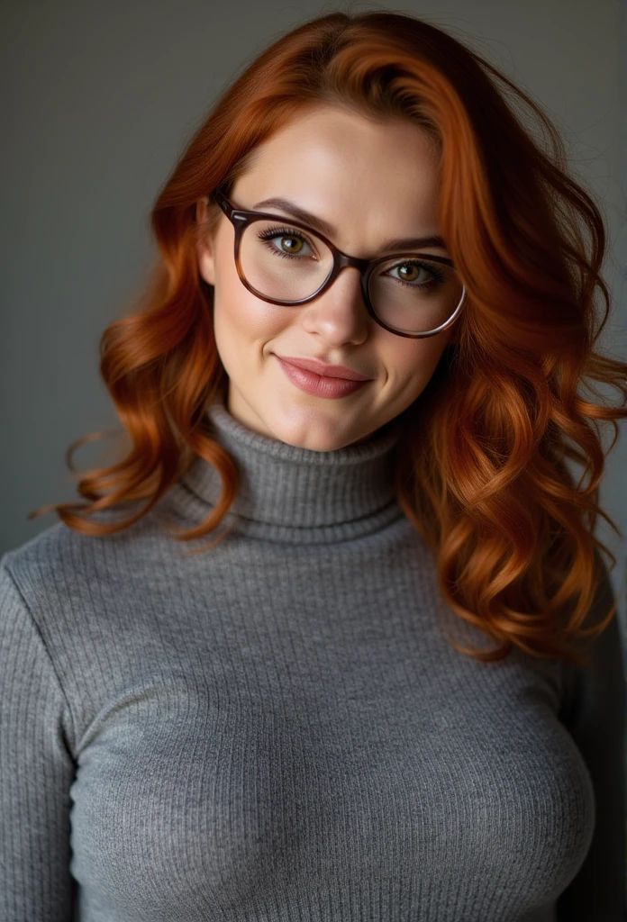 score_9, score_8_up, score_7_up, score_6_up, photo, beautiful girl, Anna, redhead, curly hair, brown eyes, freckles on face, glasses, huge breasts, compressed breasts, gray turtleneck, gray background, looking at viewer, depth of field, bokeh