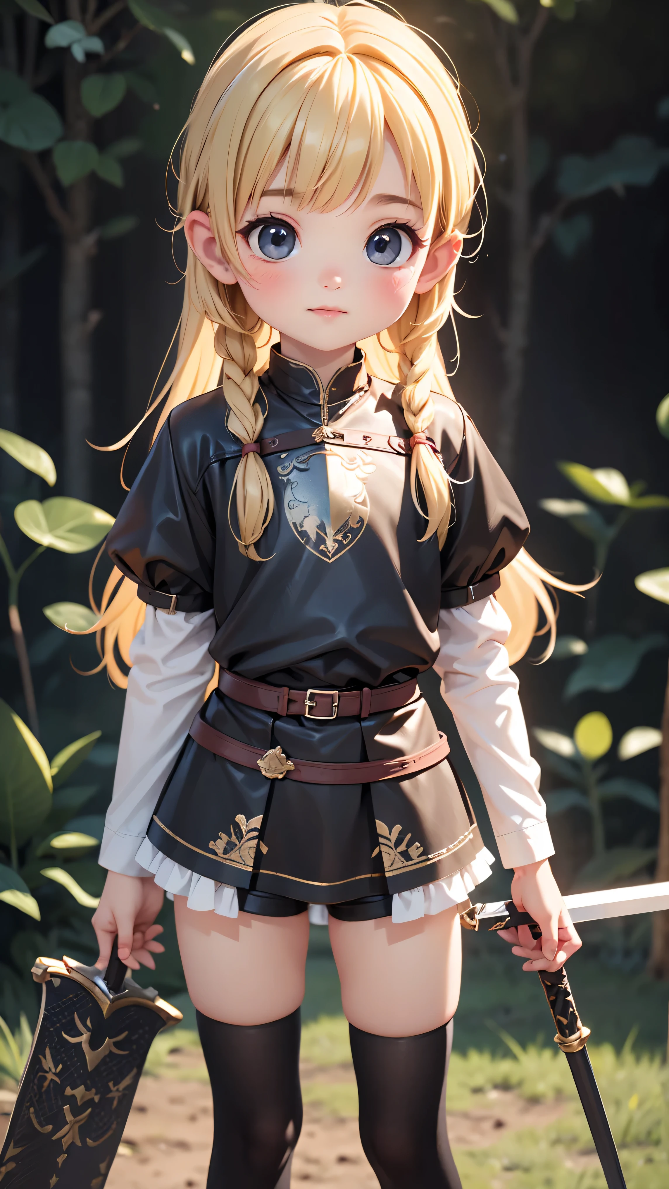 Ultra realistic young ，Fisheye Lens，Cute Holy Knight,Very short stature，Long blonde hair with braided bangs，Medieval knight armor，Long Spear，Flat Chest, Leather panties，Garter belt long socket nothing face，sexy，Dungeons ，whole body, Lurex Legwear，Holy Sword，