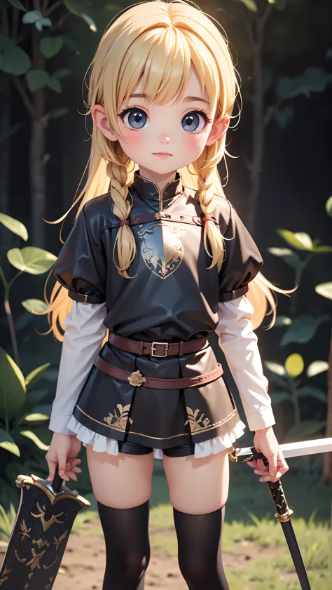 ultra realistic young ，fisheye lens，cute holy knight,very short stature，long blonde hair with braided bangs，medieval knight armo...