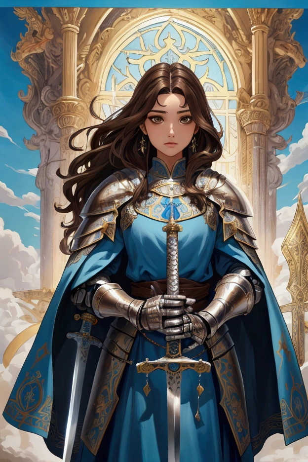 UHD, masterpiece, best quality, Holy Knight, Tall, Medium length hair that reaches the shoulders:Wavy, Brown Hair, Brown eyes, A blue cloak fluttering in the wind:1.2, Holding a double-edged sword, Beautiful and decorative sword:1.2, Praying to the sword, Fantasy art, Fantastic illustration, Official art book cover, blue