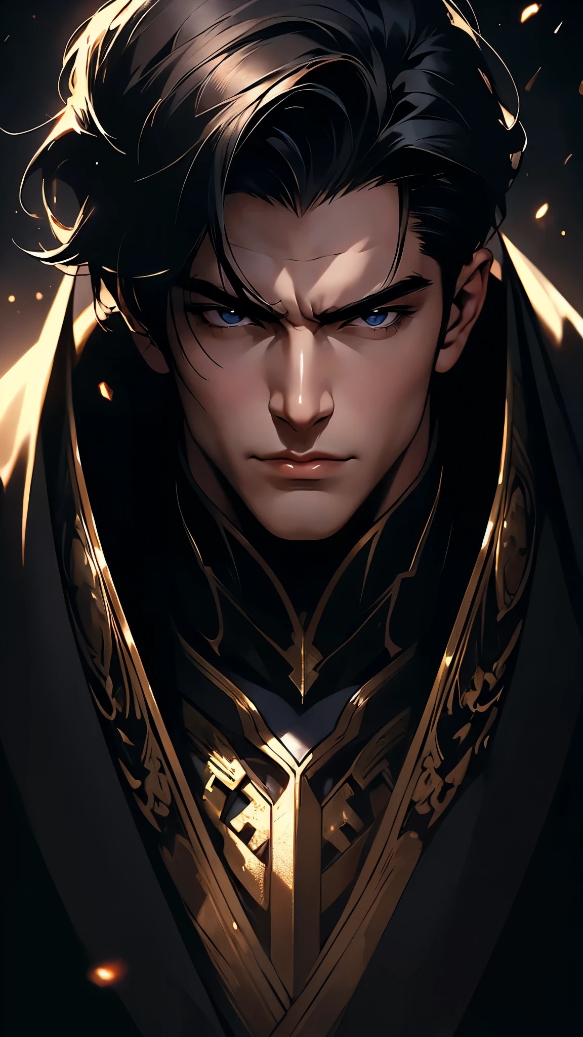 ((masterpiece)), envision a 8k, highres, cinematic, semi realistic, detailed, close up portrait of a strong boy, strong face, mature face, slender muscular body, black hair, black eyes,, large black gown, black cape,,  (((1boy))), in dark lighting, against a dark background