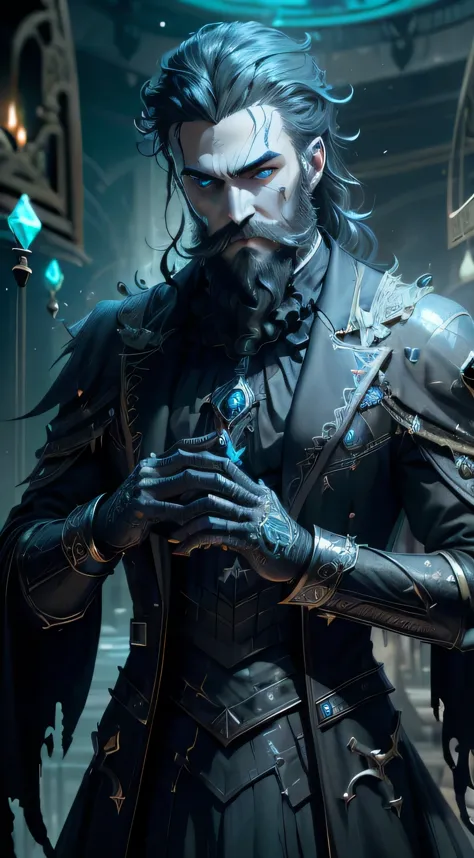 man magician necromancer, noblesse, noble, ((well-trimmed short beard)), dans les mains grimoire sombre et noir, (((army of the ...