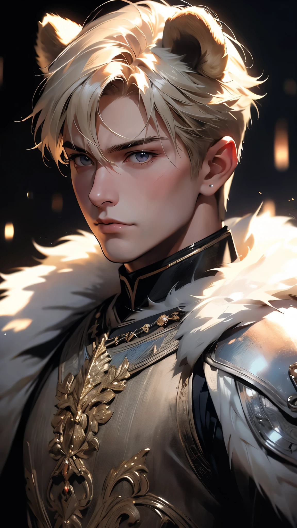 ((masterpiece)), envision a 8k, highres, cinematic, semi realistic, detailed, close up portrait of a strong boy, strong face, mature face, slender muscular body, short blonde hair, pale eyes, ((Bear Ears)), animal ears, furry armor, cape,  (((1boy))), in dark lighting, against a dark background