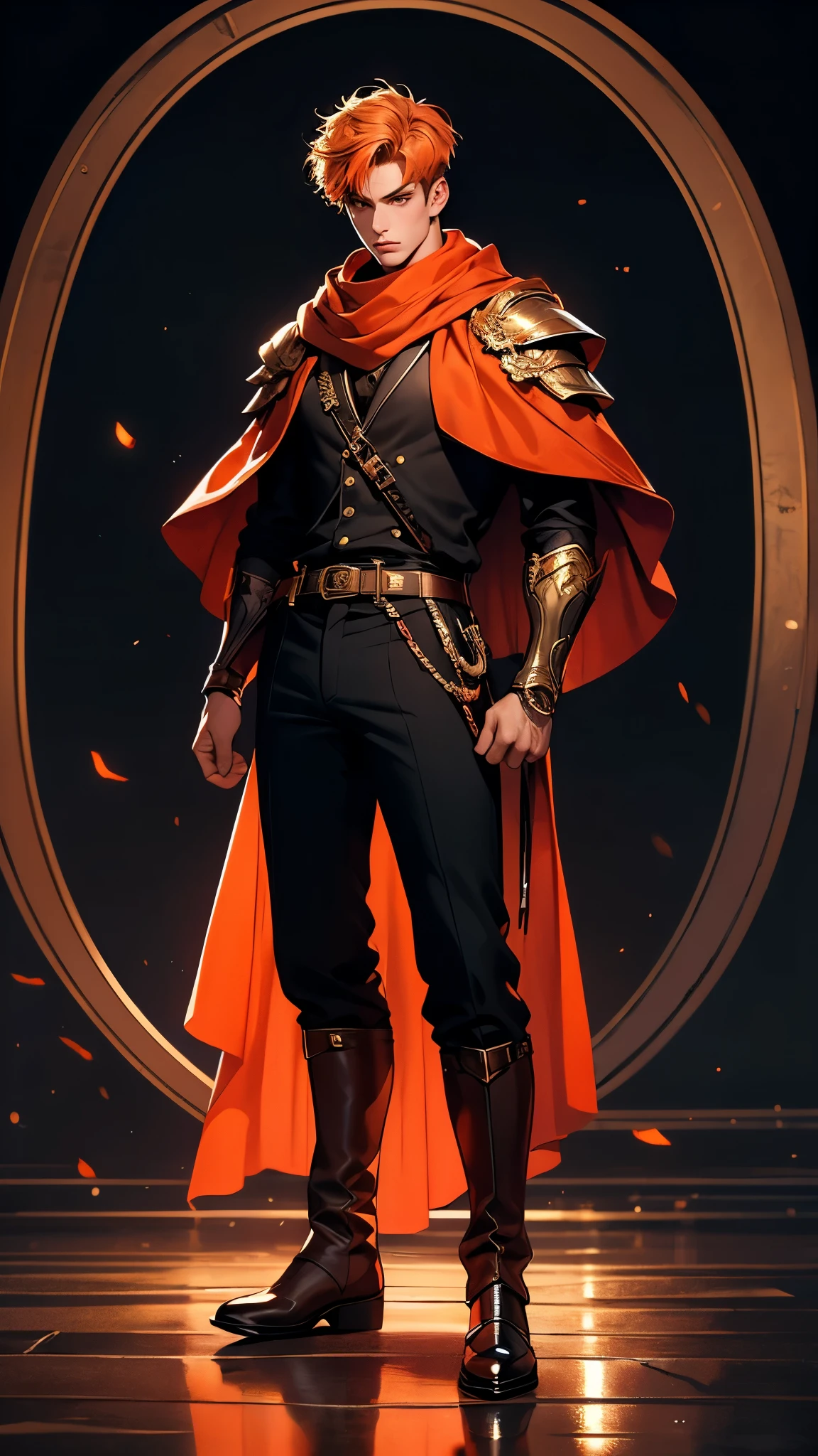 ((masterpiece)), envision a 8k, highres, cinematic, semi realistic, detailed, full body pinup of a strong boy, strong face, mature face, slender muscular body, short orange hair, red eyes, rogue armor, leather armor, scarf, cape, pants, boots, (((1boy))), in dark lighting, against a dark background