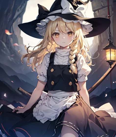 niji style , kirisame marisa, 1girl, blonde hair, witch hat, yellow eyes, long hair, vest, apron, bow, short sleeves, hat bow, b...