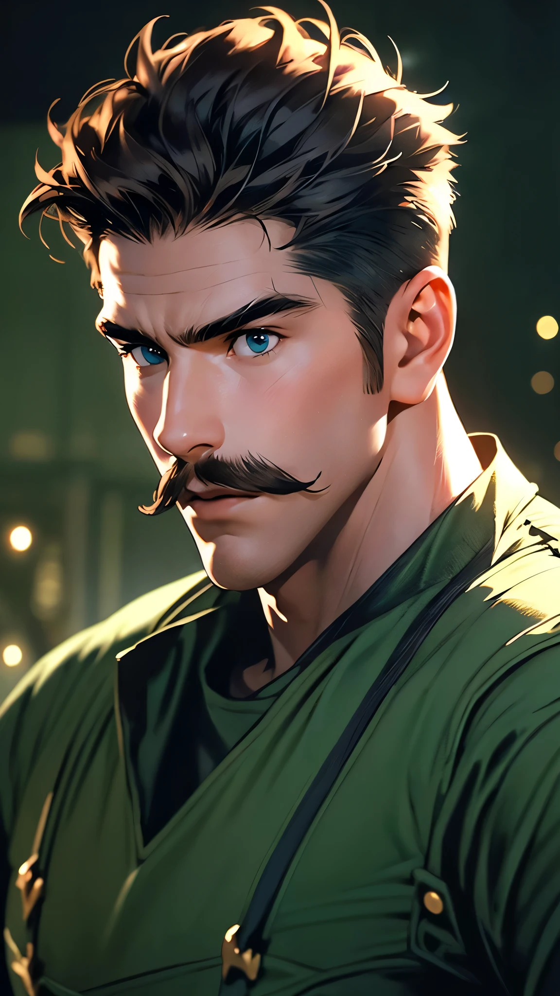 ((masterpiece)), envision a 8k, highres, cinematic, semi realistic, detailed, close up portrait of a strong young man, strong face, mature face, slender muscular body, large mustache, short brown hair, blue eyes, green shirt, overalls, (((1boy))), in dark lighting, against a dark background