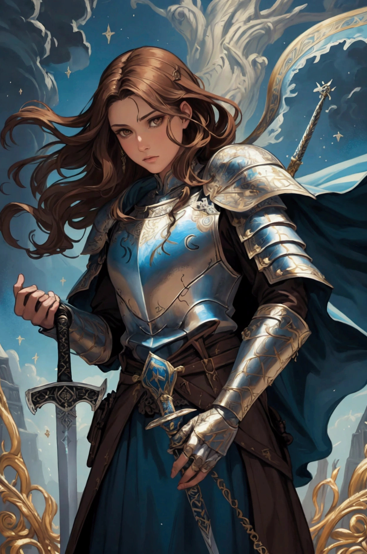 It is an artistic and wonderful oil painting:1.2, UHD, masterpiece, best quality, Holy Knight, Tall, Medium length hair that reaches the shoulders:Wavy, Brown Hair, Brown eyes, A blue cloak fluttering in the wind:1.2, Holding a double-edged sword, A blade with faintly glowing runes:1.2, Runes engraved, Beautiful and decorative sword:1.2, Praying to the sword, Fantasy art, Fantastic illustration, Official art book cover, blue, cinematic lighting:1.1, backlighting, drop shadow, , sparkle, Chiaroscuro