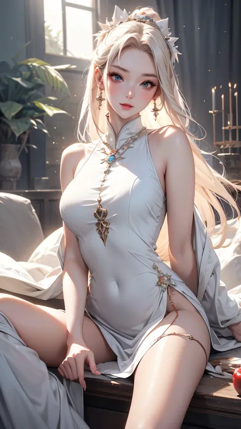 ancient costume sword fairy is super beautiful,big breasts are charming! (emphasize size and appeal), dressed in flowing white a...