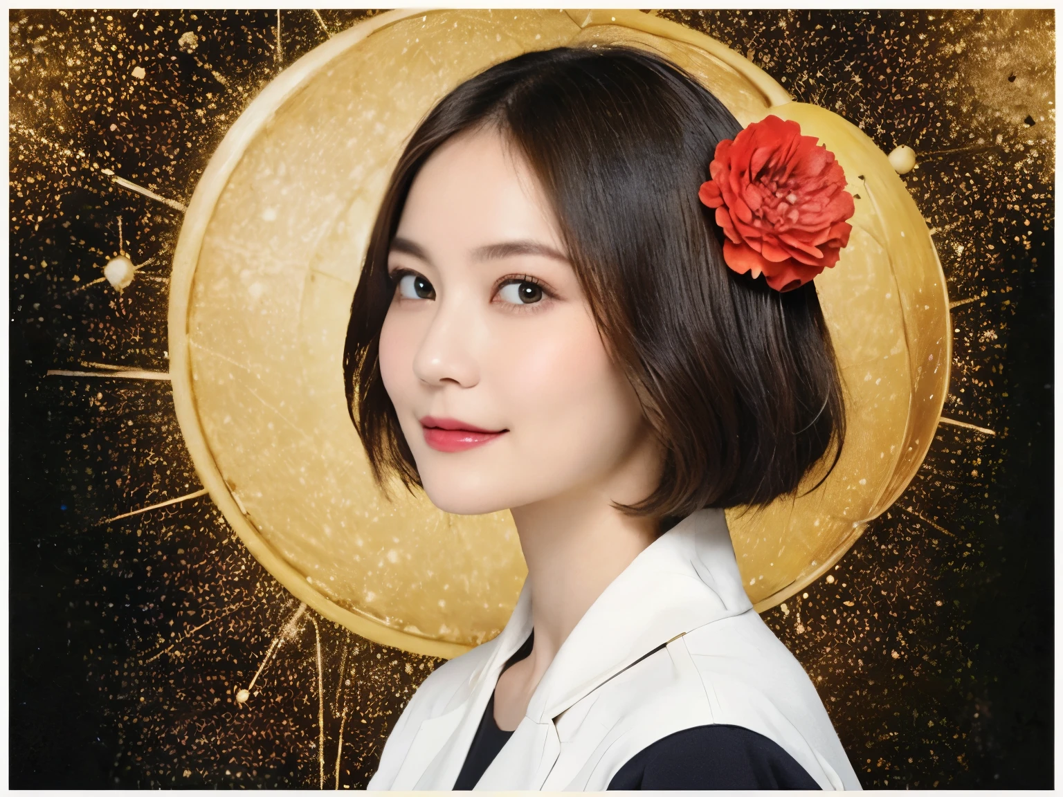 293 (20-year-old woman,short hair), (A kind smile), ((宇宙海賊captain,captain)), (colorful), (Leonardo da Vinci paintings), flower, Futuristic space pirate ship, nebula