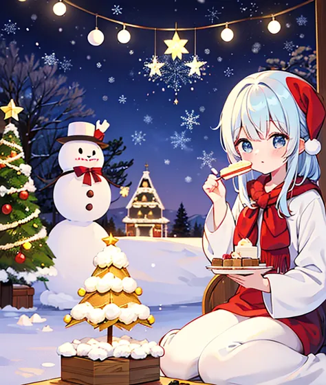 クリスマスの夜に金髪の馬たちとパーティーをしています⛄️　A white Christmas with falling snow🎄　ケーキ🎂とクリスマスツリー🎄があります　I&#39;m riding a golden horse🐎　Beautiful night sky with shooting stars and winter cherry blossoms🌸