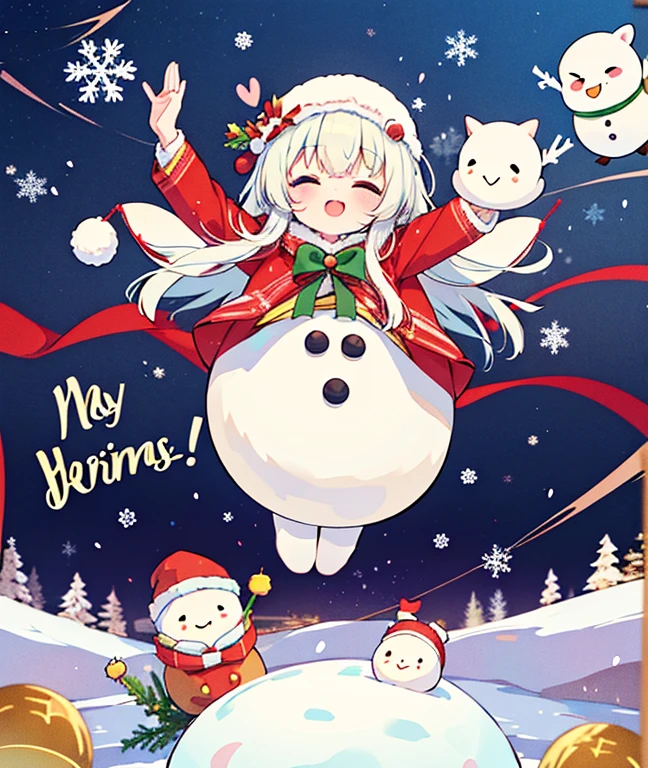 クリスマスの夜に金髪の馬たちとパーティーをしています⛄️　A white Christmas with falling snow🎄　ケーキ🎂とクリスマスツリー🎄があります　I&#39;m riding a golden horse🐎　Beautiful night sky with shooting stars and winter cherry blossoms🌸