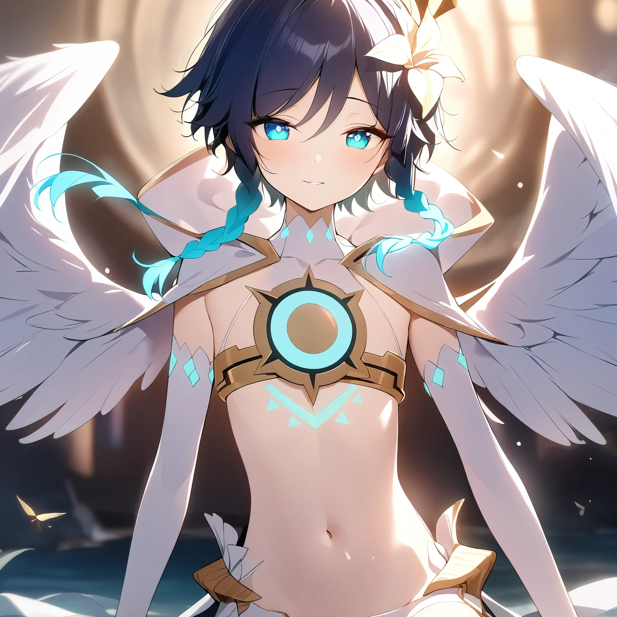 (masterpiece,best quality,4k,8k,absurdres:1.2),agahari,aoi nanase,((illustrated by carnelian)),sharp and clear, wide blue slit pupils, perfect face, 1boy, flat chest,venti_\(archon\)_\(genshin_impact\),bare stomach,graceful,(face focus,detailed_eyes),gradient_hair,chest_tattoo,thigh_tattoo,flirtatious,seductive,dsmile,large fluffy angel wings,otoko no ko,crystalflies,elysian realm
